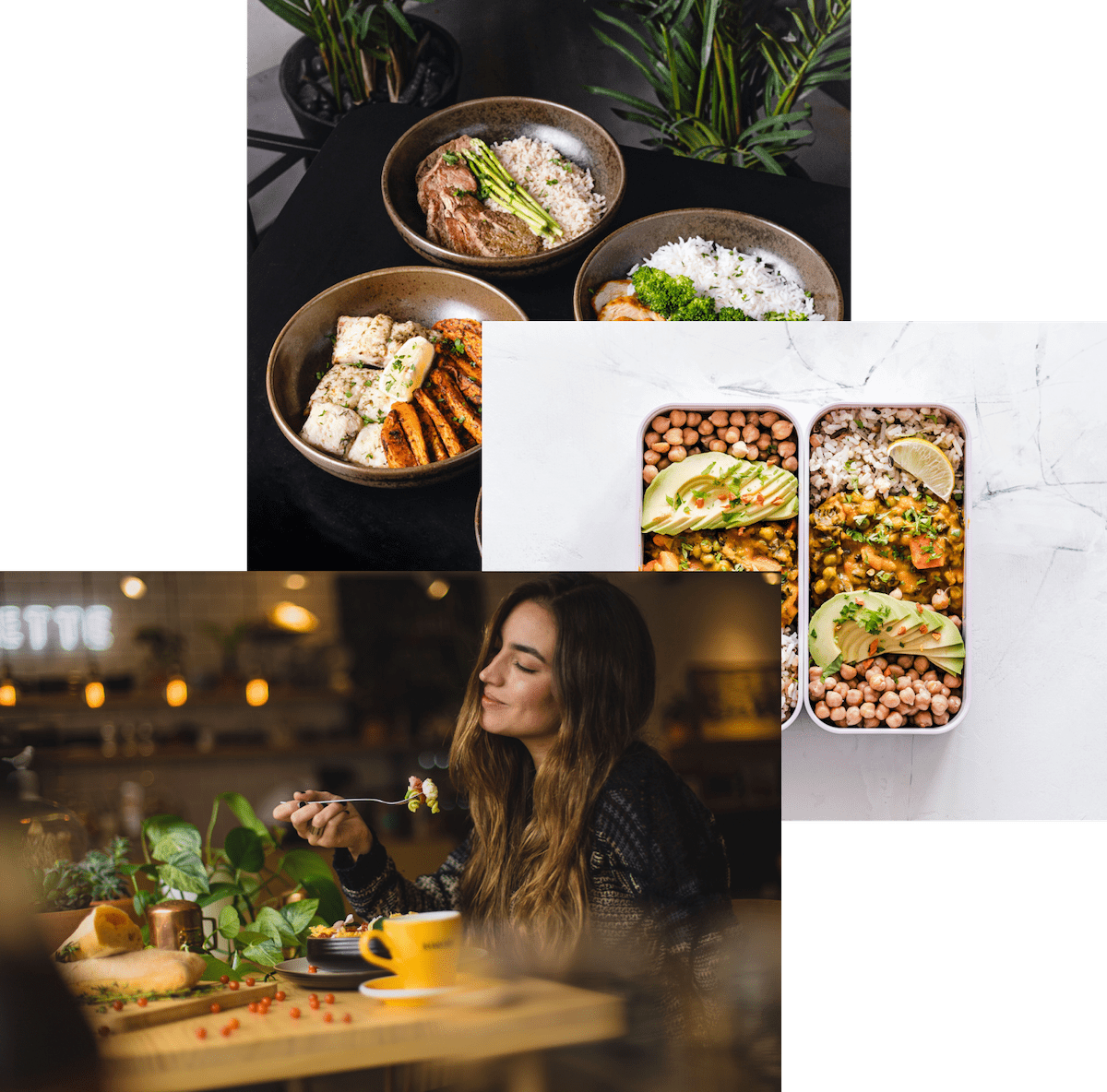 Woman enjoying food, meals in storage containers and food bowls on a table